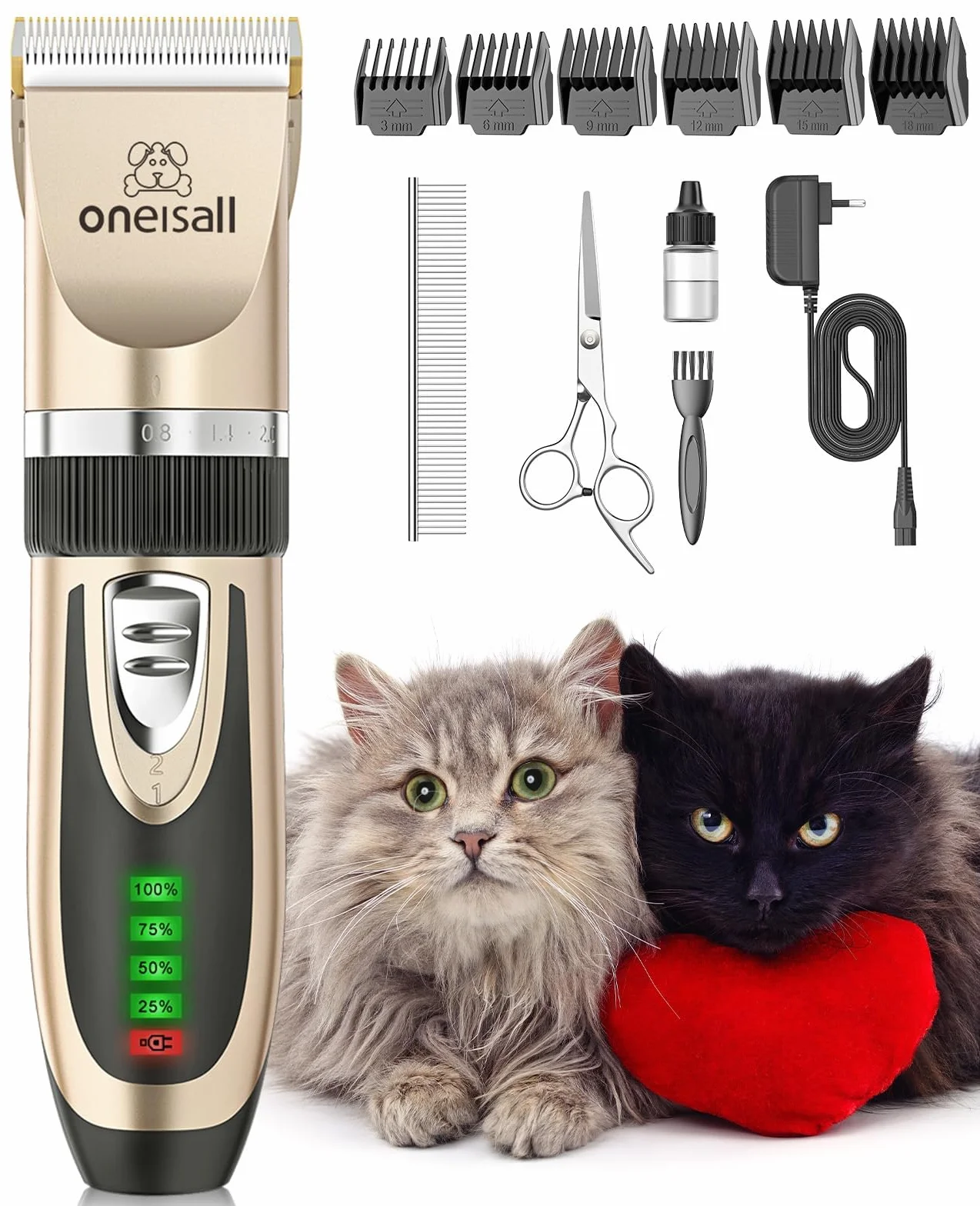 Oneisall Kit di Toelettatura per Gatti a Pelo Lungo - Tosatrice Silenziosa a 2 Velocità, Tagliacapelli Cordless a Basso Rumore per Cani e Animali (Oro)