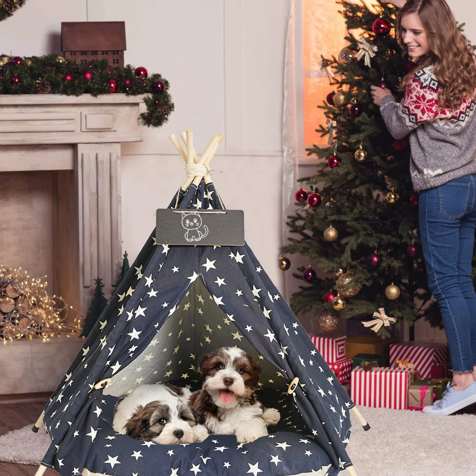 Tipi Tenda per Animali con Cuscino- Domestici Cuccia in Tela Portatile per Cani e Gatti -51x51x61cm Rimovibile e Lavabile Gatti Casetta da Gioco (Blu navy)