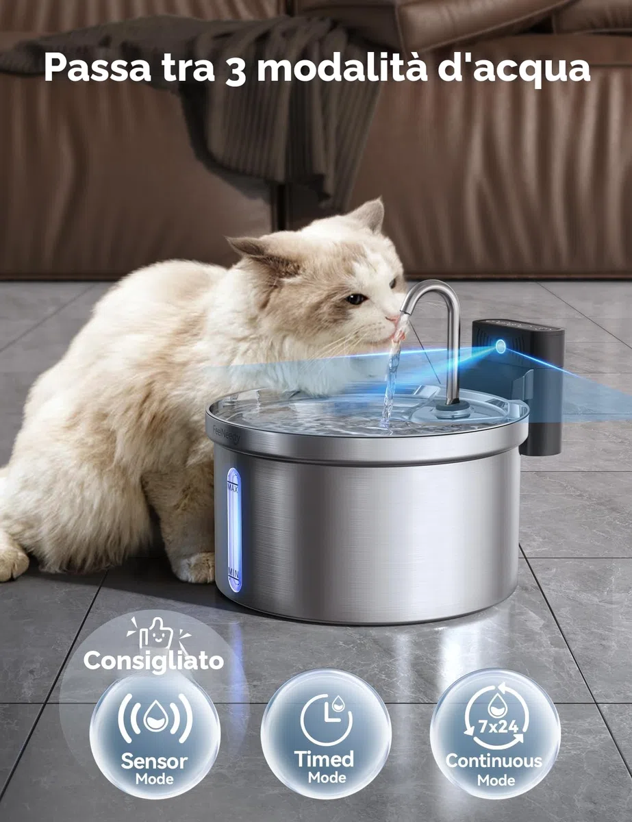 Fontanella per Gatti Senza Fili con Sensore [Separazione acqua e batteria] FEELNEEDY Distributore Automatico d'acqua in Acciaio Inox, Fontana a Batteria 4000mAh- 3.5L con 6 Set Filtri