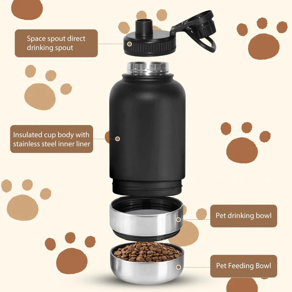 Borraccia per cani da viaggio, 950 ml, 4 in 1, con ciotola per acqua e ciotola, isolata in acciaio inox, senza BPA, accessorio per cani per viaggi, escursioni, passeggiate