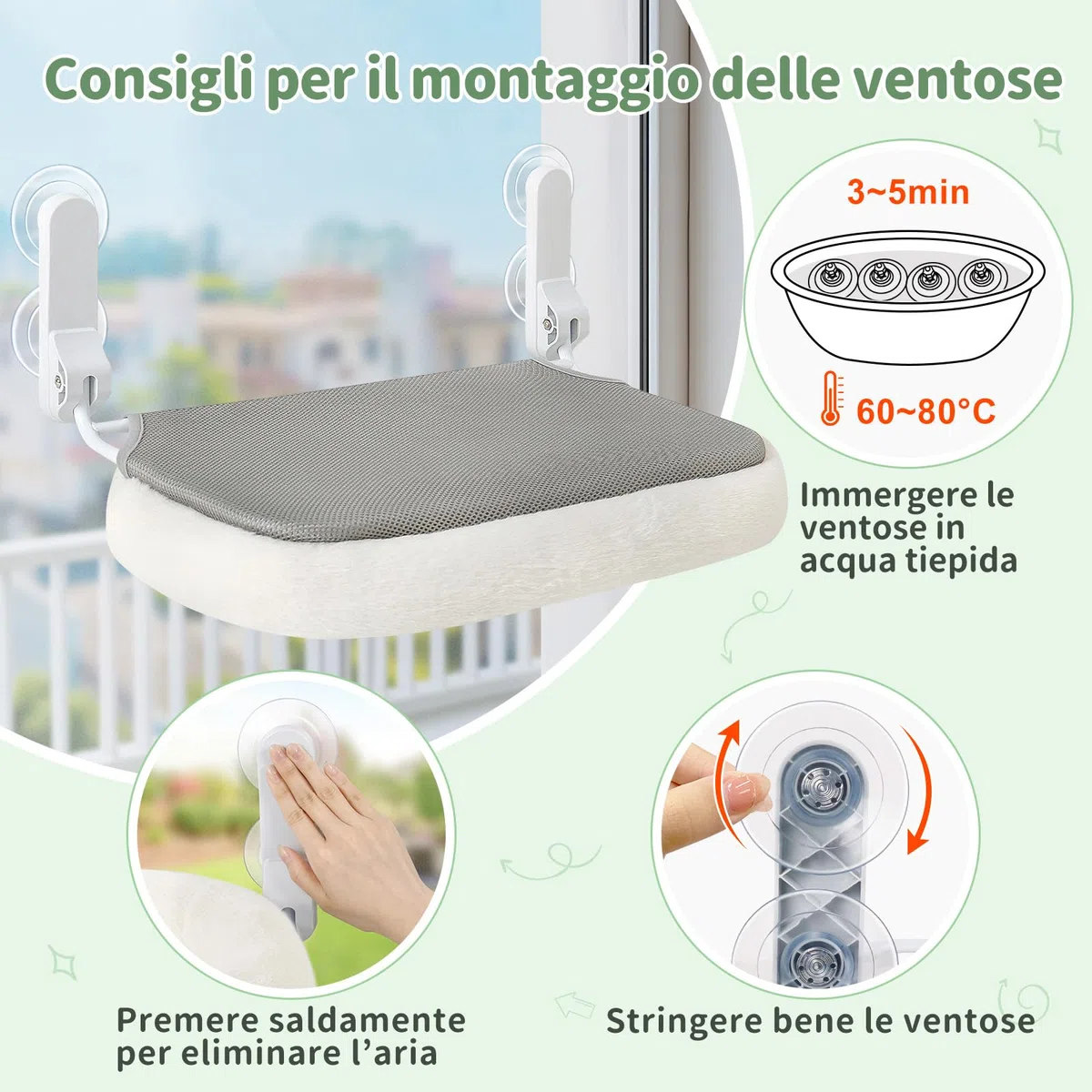 GUUSII HOME Amaca per Gatti da Finestra Letto Morbido e Confortevole per Gatti Trespolo e Mensola per Riposo Interno Facile da Installare Senza Forature Animali domestici (Bianco)