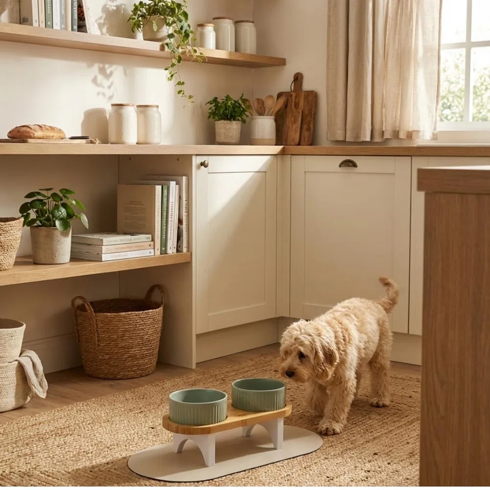 BELMIN Ciotole per Cani Rialzate – Porta Ciotole per Cani Rialzato con Ciotola Cane in Ceramica – 2 Altezze Regolabili – Base in Bambù Naturale – Tappetino Antiscivolo – Ideale anche Ciotola per Gatti