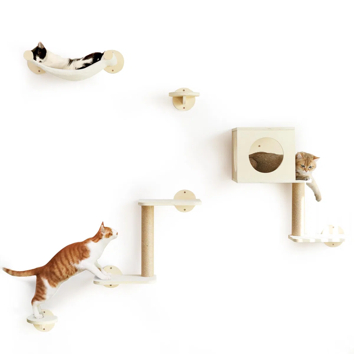 FUKUMARU Mensole da Parete per Gatti, Set Arrampicata per Gatti da Parete di 5 Pezzi, Piattaforme in Legno Stabile, Amaca, Casetta, Scalini e Tiragraffi Integrato - Design Moderno Beige