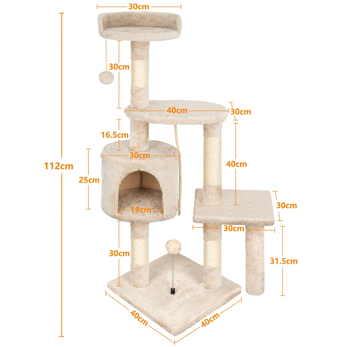 HOMIDEC Tiragraffi per Gatti,112cm Multifunzionale Alberi Tiragraffi Stabile con 4 Pali in Sisal,3 Piattaforme e 1 Cuscino per Albero Gatti Ideale per Gioco e Relax-Beige