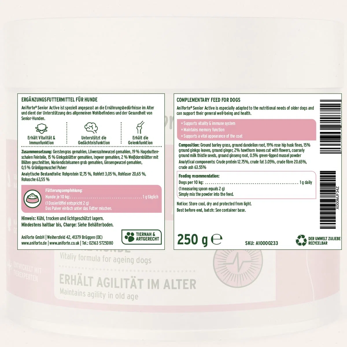 AniForte Senior Active Powder 250 g per Cani Anziani - minerali, aminoacidi e vitamine per Cani, Supporta la Memoria e la Funzione cardiaca, cozza dalle Labbra Verdi per la vitalità e l'agilità