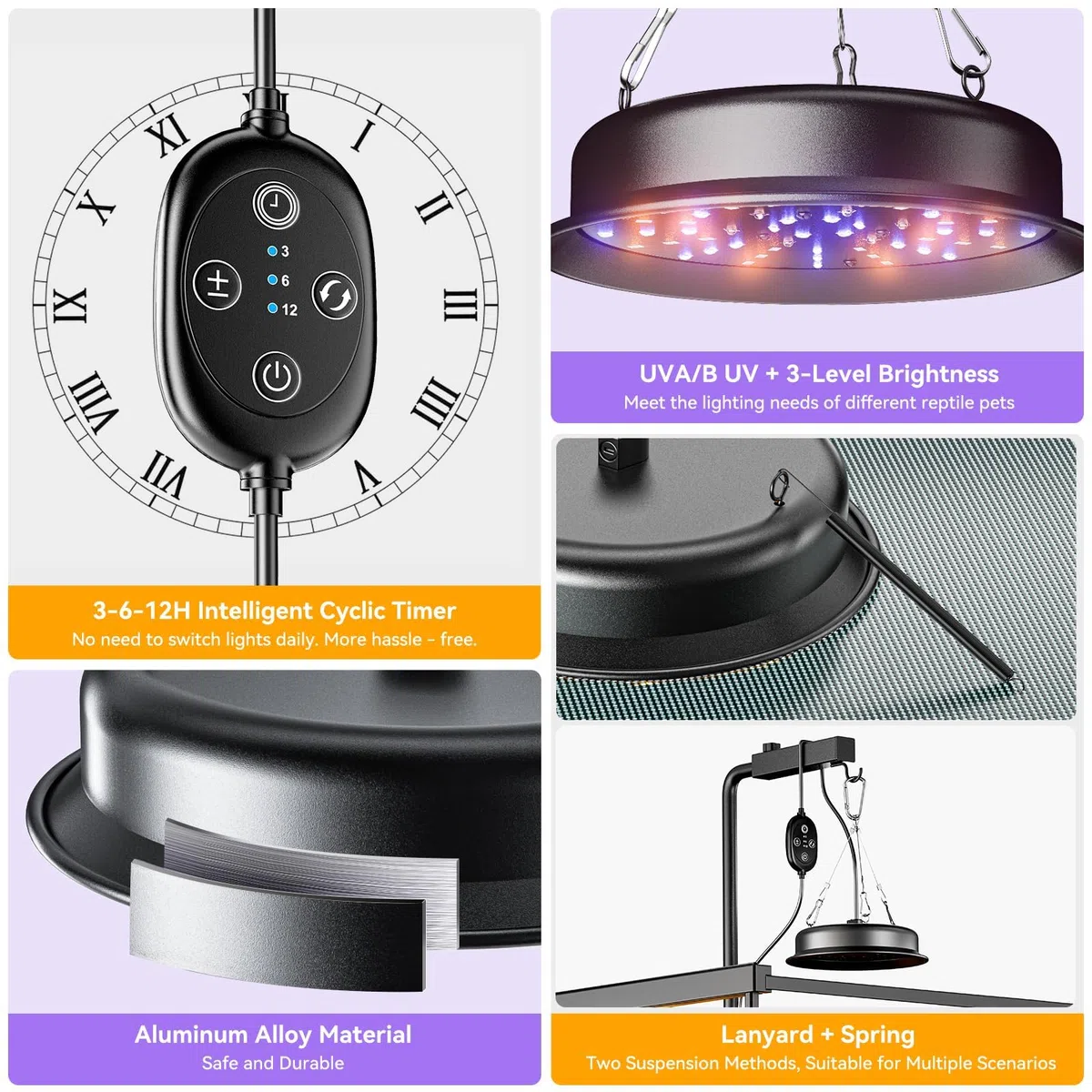Lampada UVB per Rettili, Luce per Rettili con Timer a 3-6-12 Cicli e 3 Livelli di Luminosità, Lampada UVA/UVB a Spettro Completo per Tartarughe, Draghi Barbuti e Serpenti