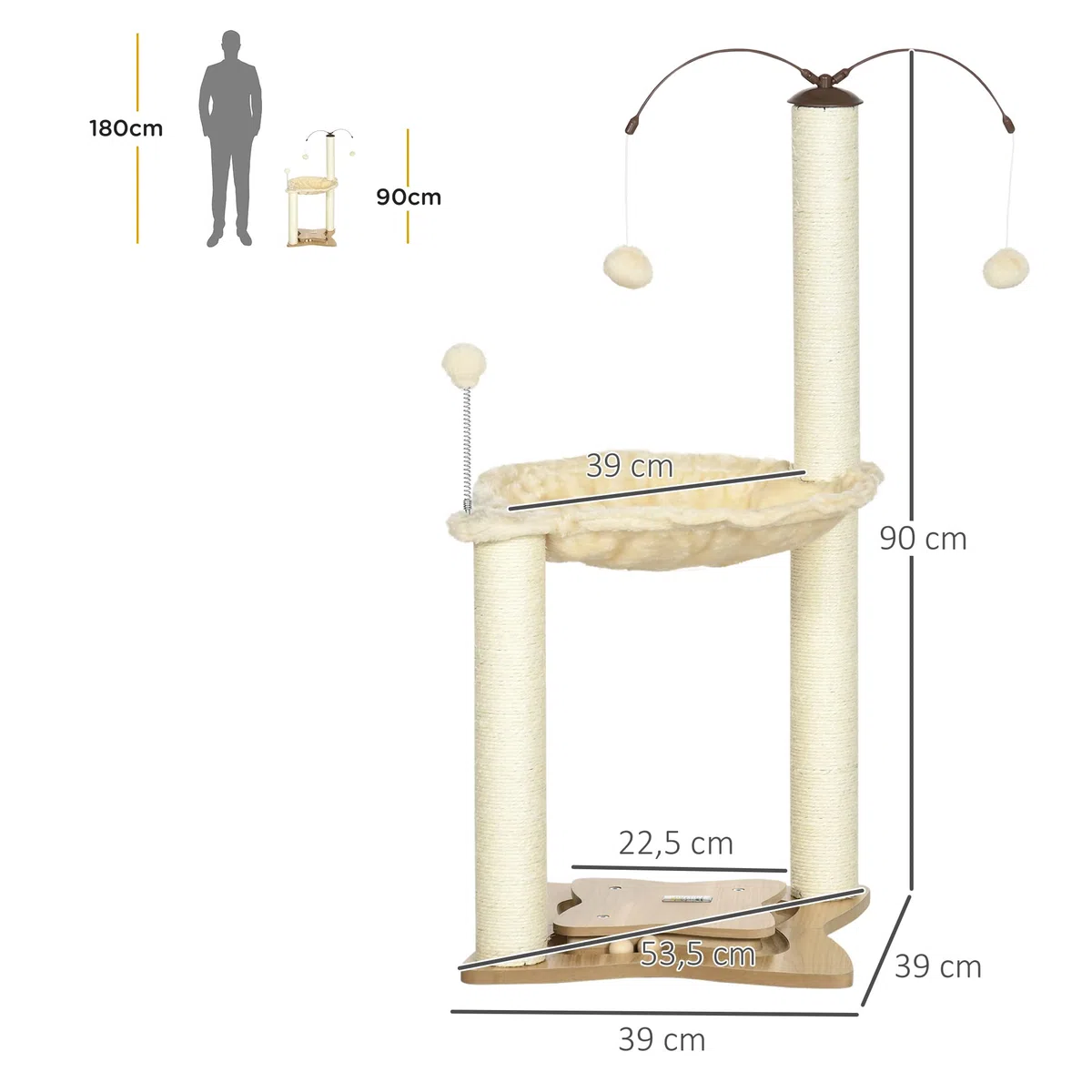 PawHut Albero Tiragraffi per Gatti max 5kg con Amaca, Palline da Gioco e Pali in Sisal, Torre per Gatti in MDF e Peluche, 53.5x53.5x90 cm, Beige