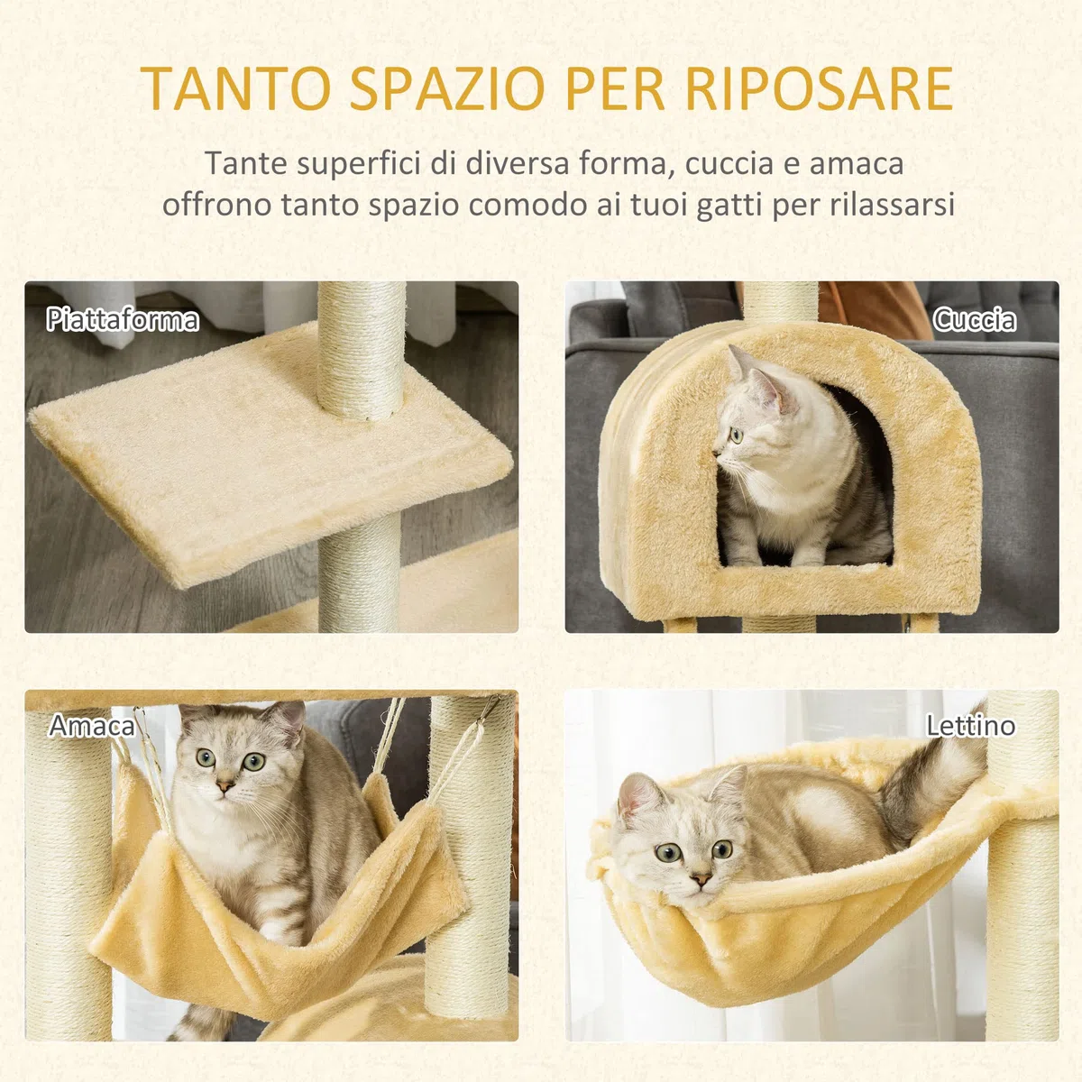 PawHut Albero Tiragraffi per Gatti Multilivello con Amaca e Casetta, Corde in Sisal Naturale, Beige, Altezza 98cm