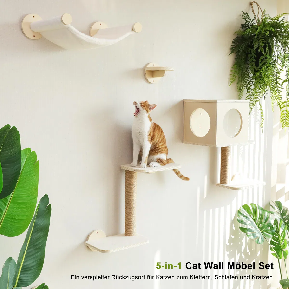 FUKUMARU Mensole da Parete per Gatti, Set Arrampicata per Gatti da Parete di 5 Pezzi, Piattaforme in Legno Stabile, Amaca, Casetta, Scalini e Tiragraffi Integrato - Design Moderno Beige