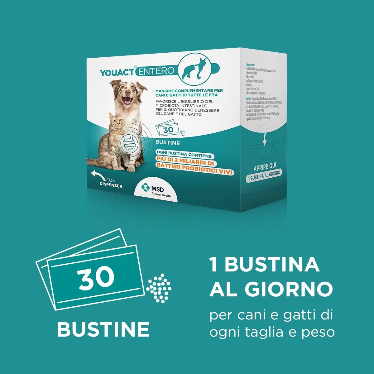 Entero 30 Bustine - Mangime Complementare per Favorire L'Equilibrio del Microbiota Intestinale E per Il Quotidiano Benessere. Fermenti Lattici Cane E Gatto.