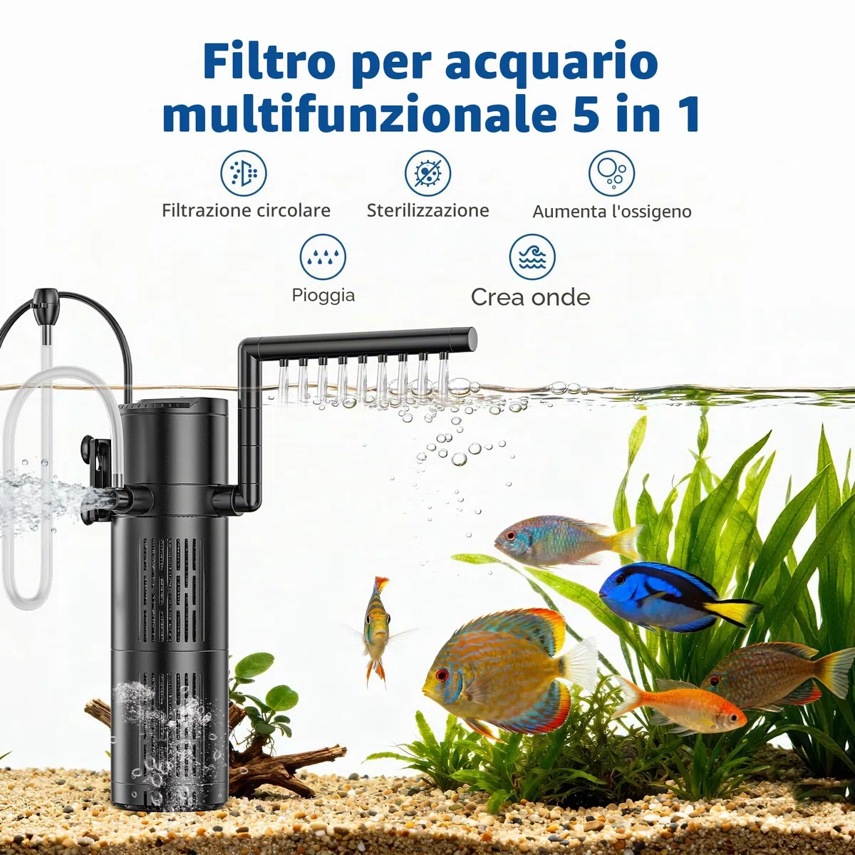 Filtro Acquario Interno 5 in 1, Pompa Acquario con Lampada di sterilizzazione 6W UV tempo regolabile, Pompa Filtro per Acquarios con Flusso Regolabile acquari da 40-1500L (800L/H)