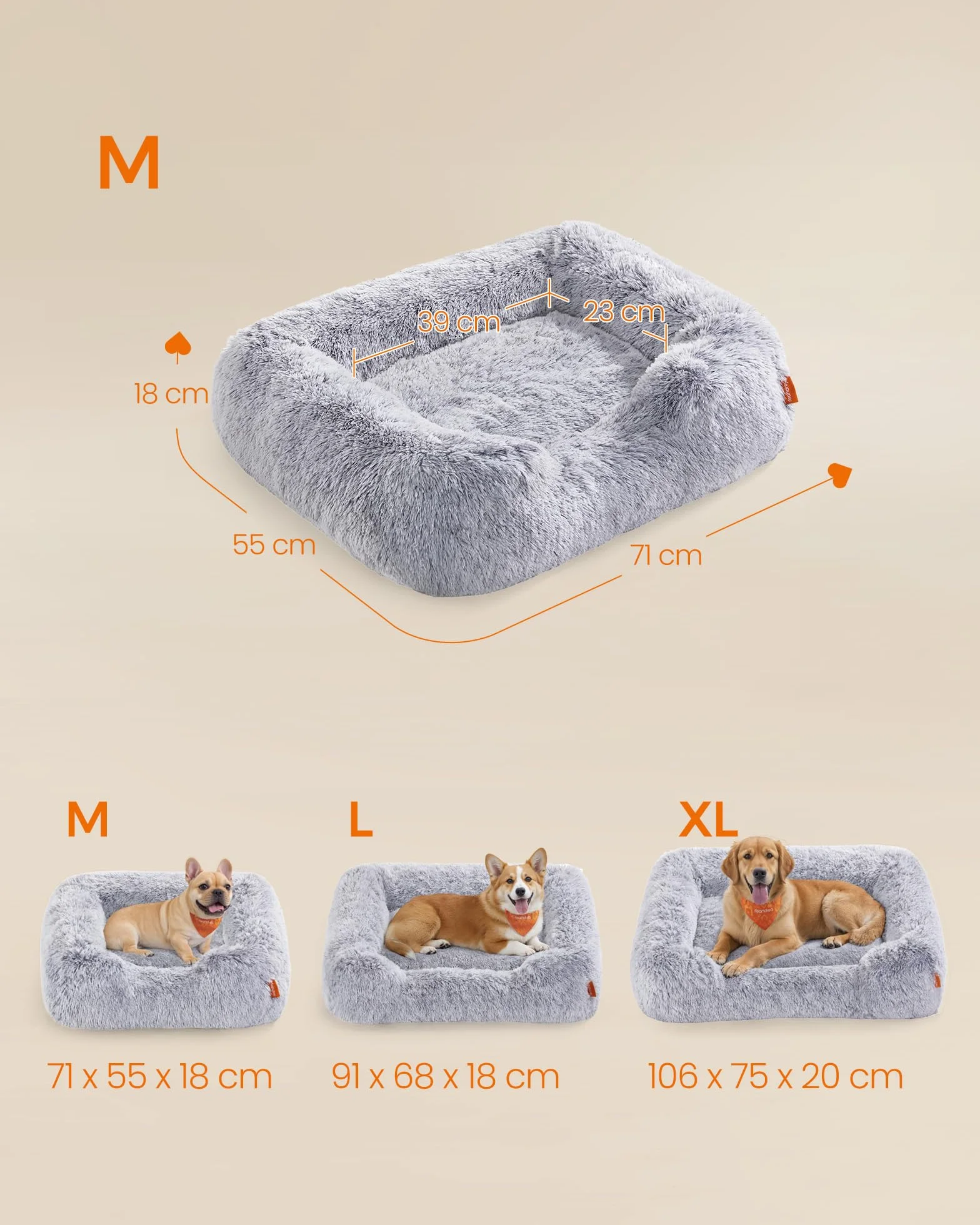 Feandrea Cuccia per Cani, Divano per Cani Medio, 71 x 55 x 18 cm, Cuscino per Animali, Imbottitura Morbida Bordi Rialzati, Sfoderabile e Lavabile, Antiscivolo, Grigio Ombré PGW271G01