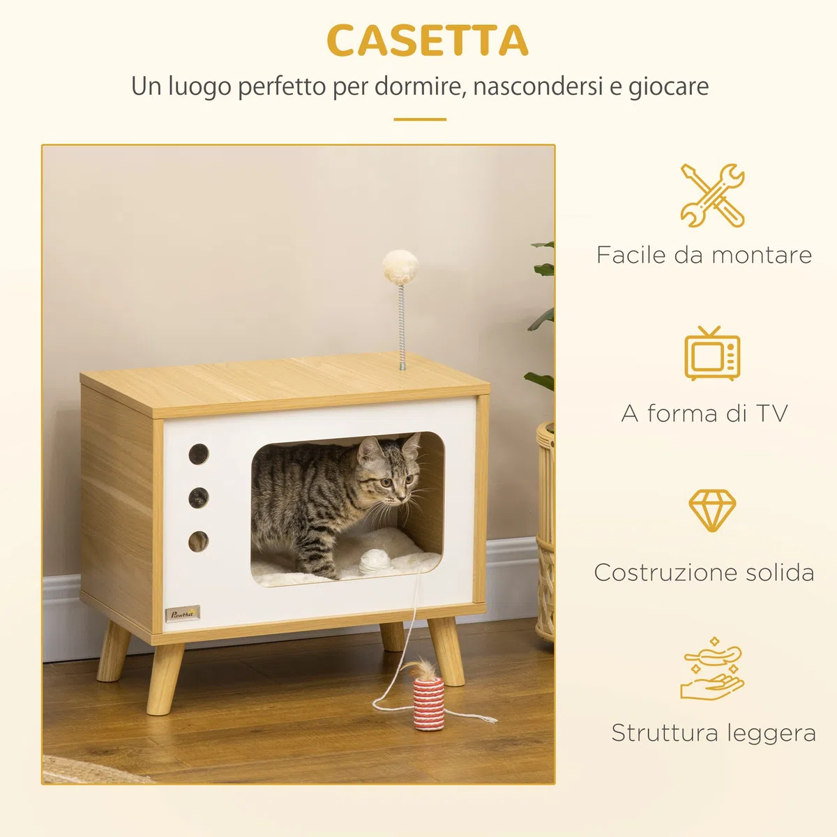 PawHut Casetta per Gatti a forma di Televisore con Cuscino e Pallina Giocattolo, Mobile da Soggiorno in Truciolato, 50x28x43 cm