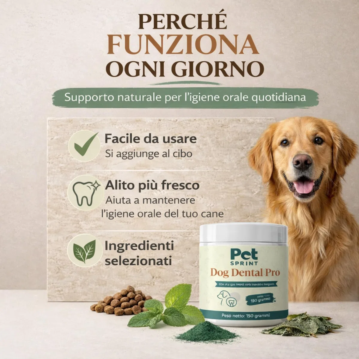 Dog Dental PRO Polvere Pulizia Denti Cane con Ascophyllum Nodosum, Spirulina e Menta Piperita, Supporta Igiene Orale Senza Spazzolino, Alito Fresco, Integratore Naturale per Cani, Marca Italiana