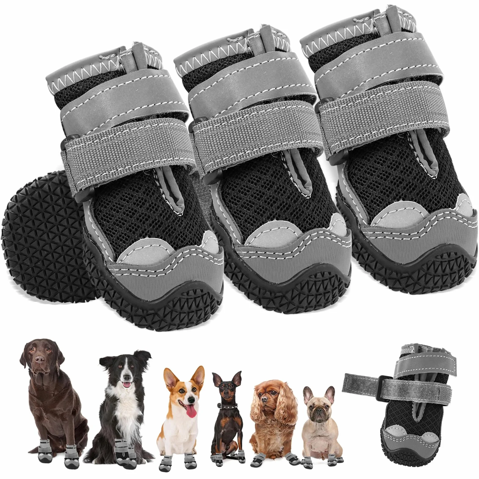 Scarpe per cani Hcpet per cani di taglia medio, stivaletti per cani antiscivolo con cinturini riflettenti Protezione per le zampe per escursioni sulla neve/passeggiate/esterni/pavimento (4)
