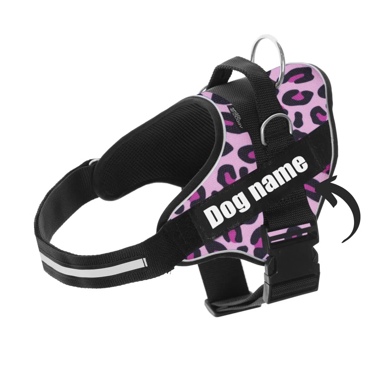 SUPER DOGGY Pettorina Cane Personalizzata con Nome – Antitrazione, Riflettente e Regolabile – Include 2 Targhette Velcro - Taglia Piccola, Media e Grande (XXL 40-75KG, Pink Leopard)