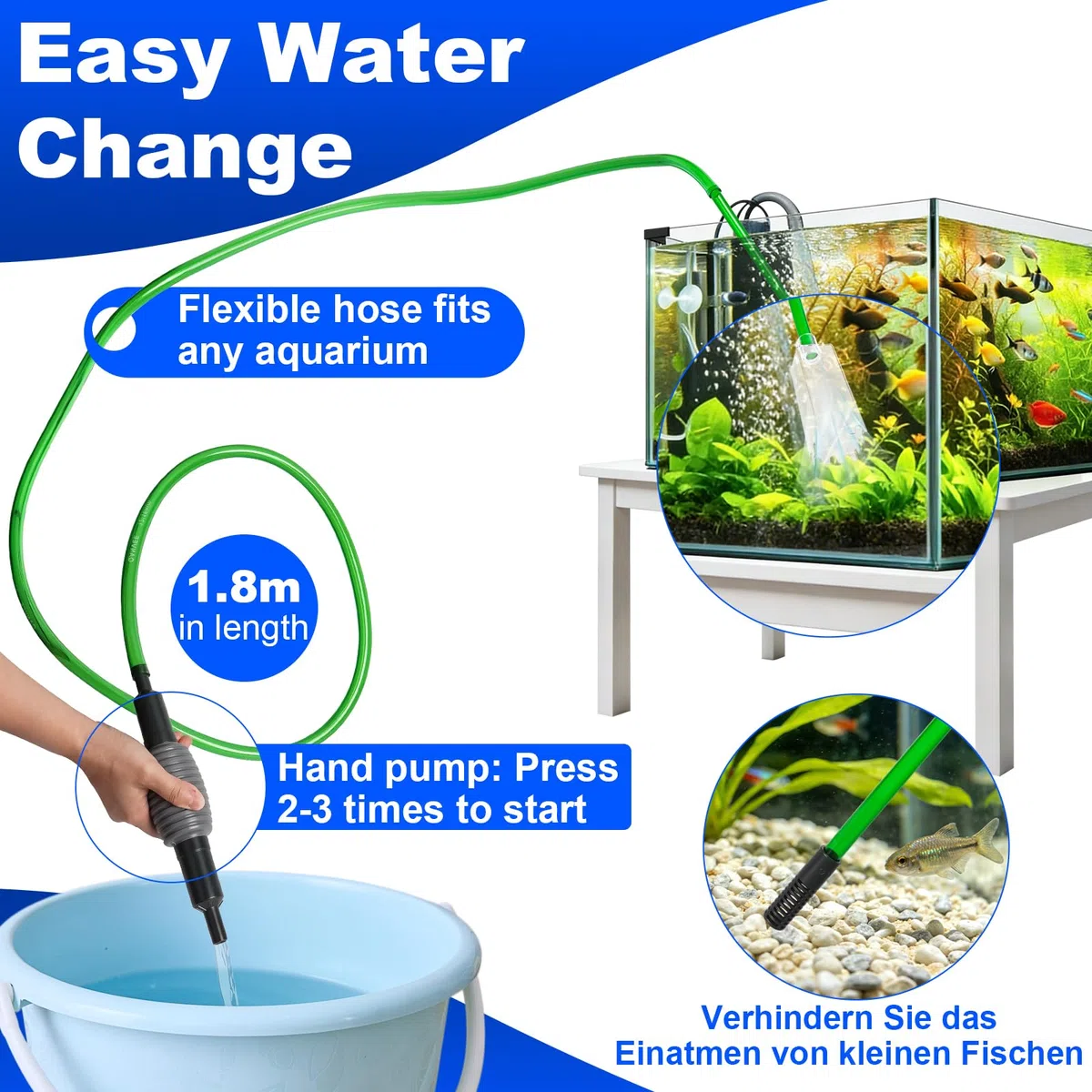 Sifone per Acquario, Cambio d'Acqua per Acquario, con Tubo 1.8 M ed Estensibile Strumenti, Detergente per Ghiaia per Acquari Kit con sifone per Acquari e Tartarughiere