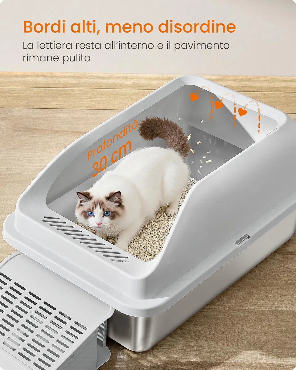 Feandrea Lettiera per Gatti in Acciaio Inox, Vassoio Alto con Apertura Superiore, Gradino, Paletta, Spazzola, per Gatti fino a 15 kg, Grigio Tortora PPT008GD01
