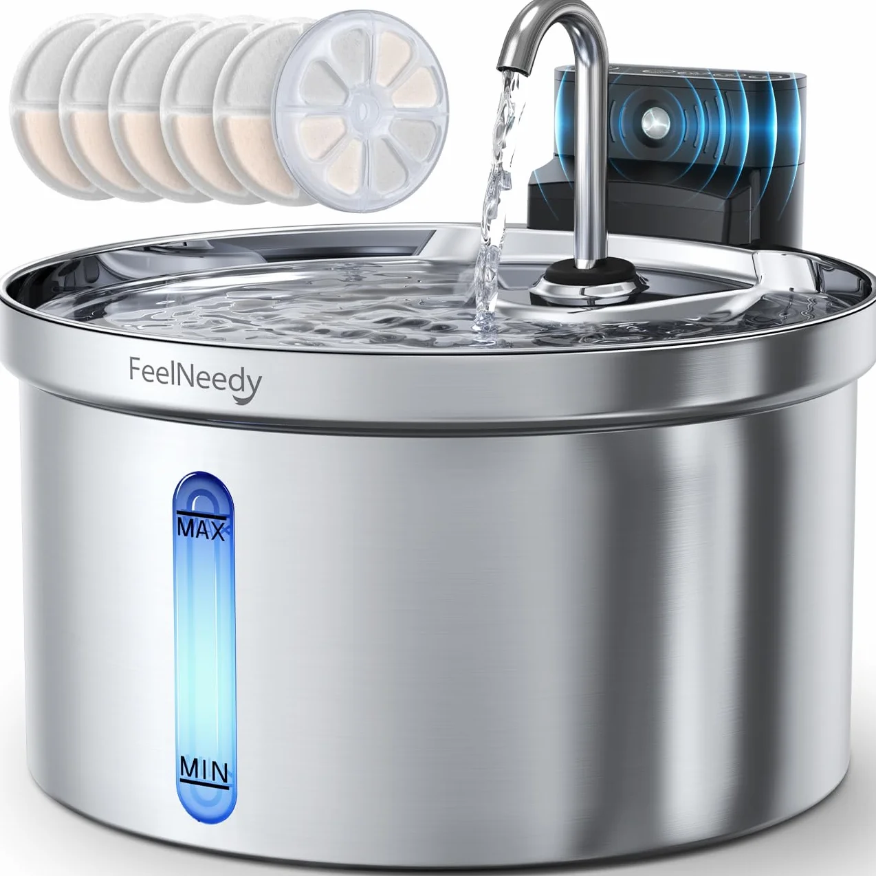 Fontanella per Gatti Senza Fili con Sensore [Separazione acqua e batteria] FEELNEEDY Distributore Automatico d'acqua in Acciaio Inox, Fontana a Batteria 4000mAh- 3.5L con 6 Set Filtri