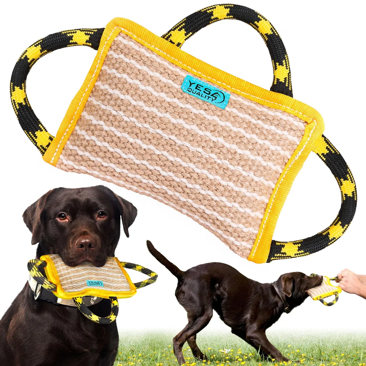 Cuscino per morso di cane 25x18 cm con 3 manici in nylon, Giocattolo da masticare per cani per sport e allenamento, Giocattolo da rimorchiatore per gioco interattivo di Yes4Quality