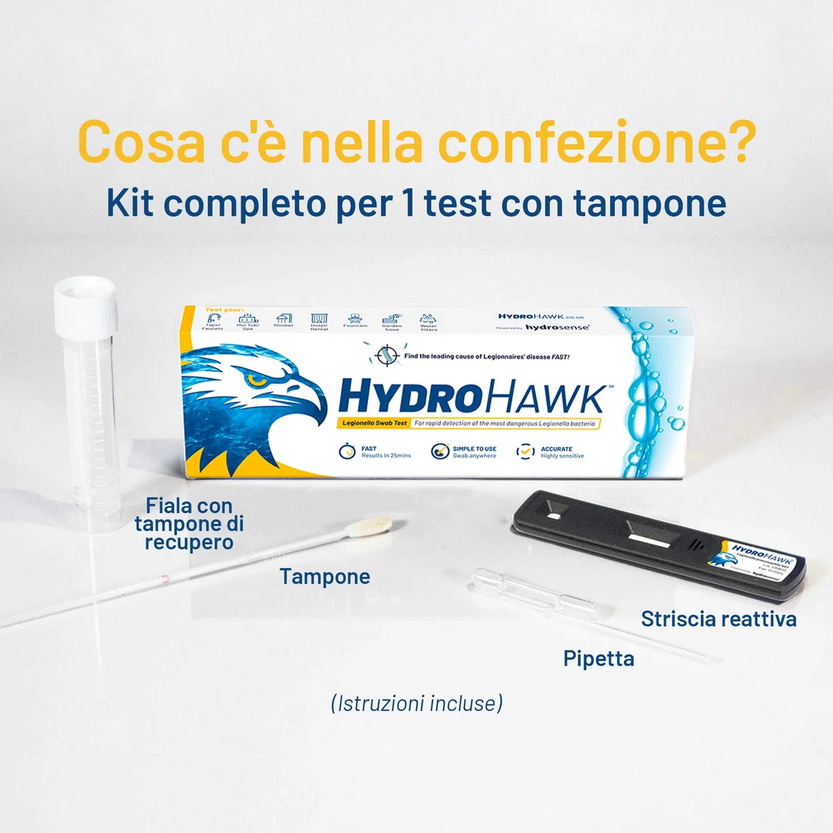 Test HydroHawk Legionella – Kit Monouso per Rilevare Legionella pneumophila sg1 in Piscine, Docce, Rubinetti, Tubi, Condizionatori, Vasche – Risultato in 25 min – Per casa e viaggio