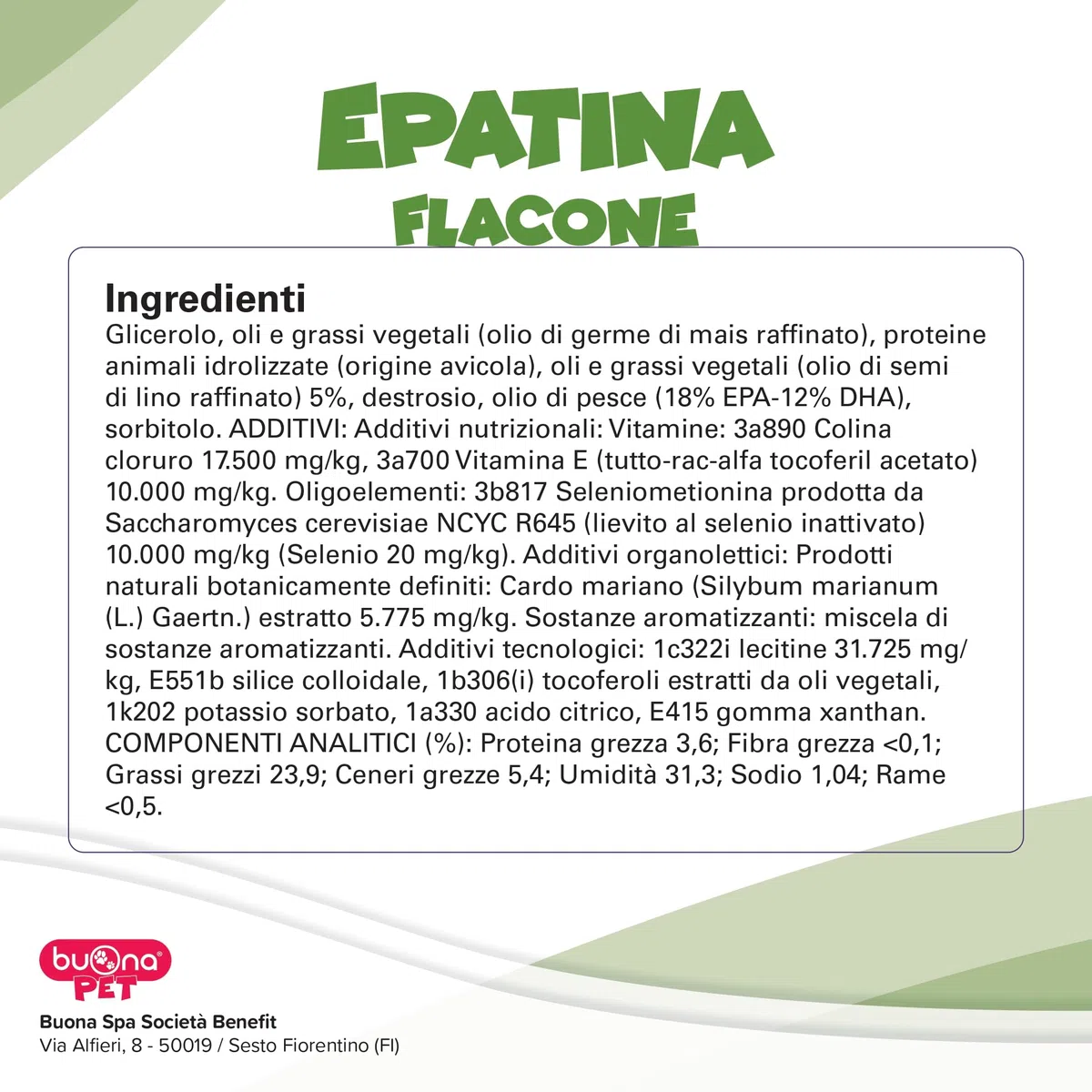 Epatina Flacone Buona Pet Cani e Gatti 60 g con Siringa, Supporta la funzione del fegato con Sylimarin phytosome®, Colina, Vitamina E, Selenio e Olio di semi di Lino, Olio di Pesce, fonte di EPA e DHA