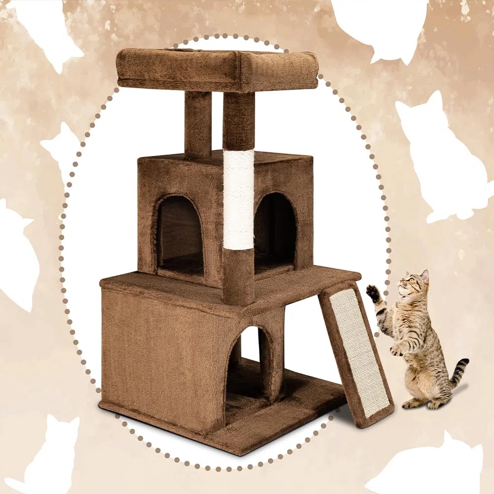 BAKAJI Albero Tiragraffi per Gatto con 3 Cucce Rifugio e 1 Pallina, Graffiatoio Animali Domestici Imbottito e Morbido Gioco Giocattolo, Centro Attività Multilivello Rampicante Altezza 91.5cm (Marrone)