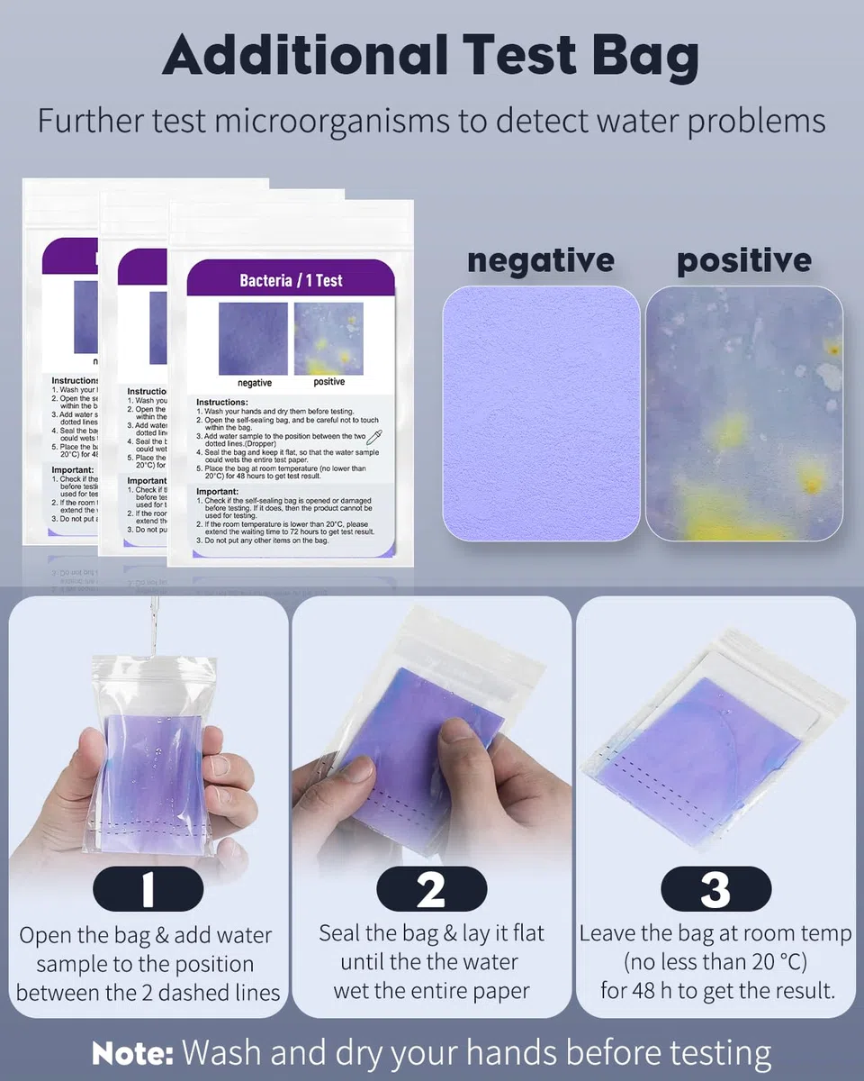 Pawfly Tester Acqua Potabile 18 in 1 con 125 strisce e 3 sacchetti test batteri per acqua di rubinetto pozzo piscina acquario. Controlla pH durezza cloro piombo ferro nitrato fluoruro e altro