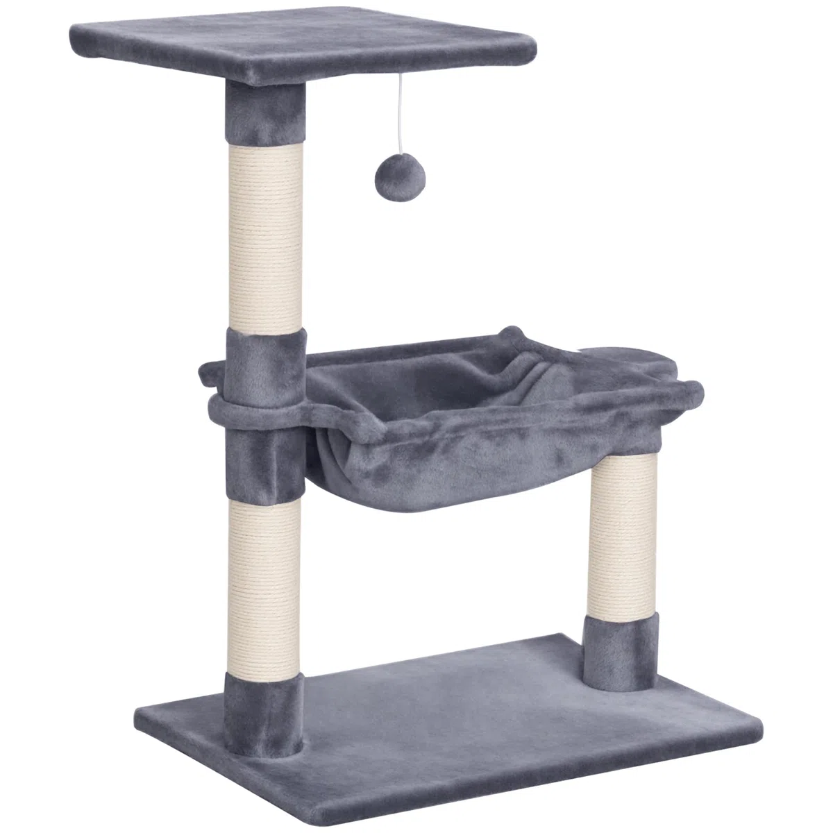 PawHut Albero Tiragraffi per Gatti Multilivello, Gioco per Gatti con Amaca e Pallina Appesa in Legno e Peluche, 50x36x70cm, Grigio