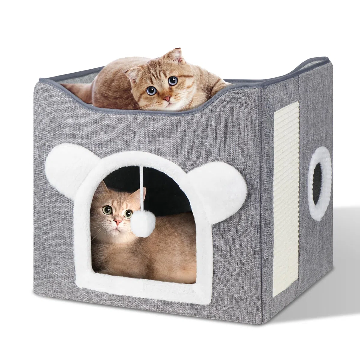 Casetta pieghevole per gatto, Cuccia Gatto Casa pieghevole con terrazza, letto a 2 strati grande grotta con tiragraffi e Pallina da Gioco