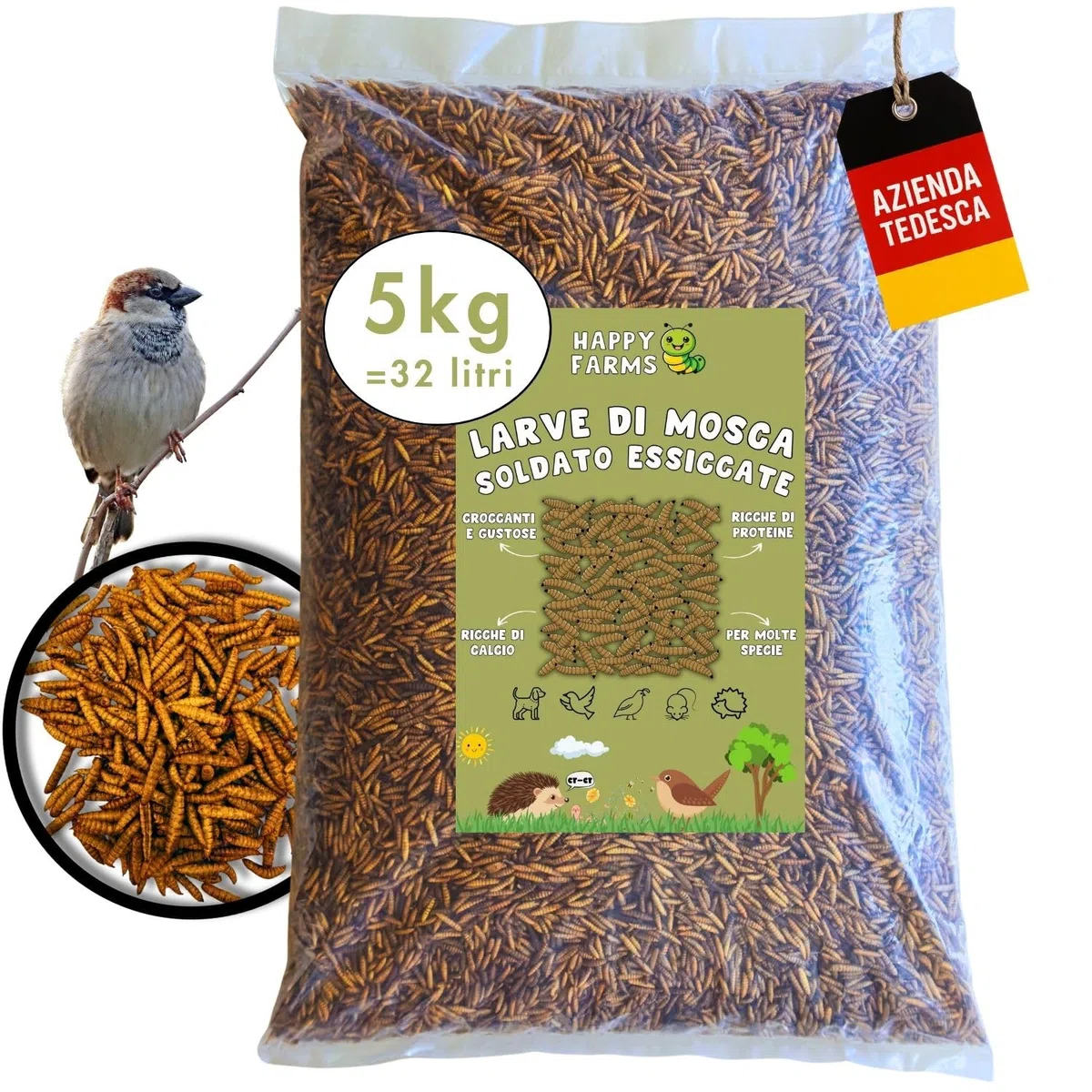 Larve di mosca soldato essiccate – Più calcio rispetto ai vermi della farina! 5 kg di cibo per insetti per uccelli selvatici, pesci e ricci