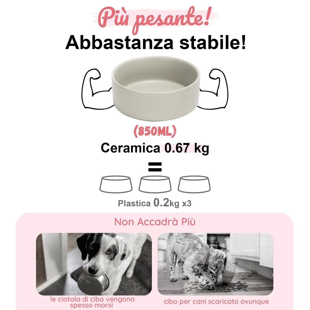 SPUNKYJUNKY Set di ciotole per cani rialzate in ceramica con supporto in bambù per cani e gatti (850 ml, grigio)
