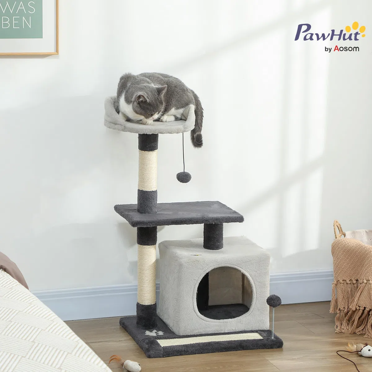 PawHut Albero Tiragraffi per Gatti Alto 85 cm, Torre per Gatti e Gattini con Casetta, Lettino Superiore, Pallina, Pali in Sisal e Tappetino Tiragraffi, Grigio Chiaro