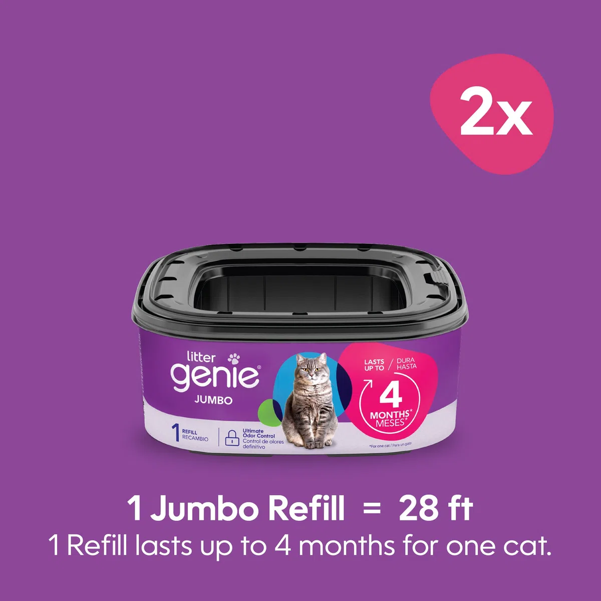 Litter Genie Sacchetti di Ricarica Jumbo (Confezione da 2) | Tecnologia Multistrato di barriera Contro Gli odori | 1 Cartuccia di Ricarica Quadrata Dura Fino a 4 Mesi per Gatto