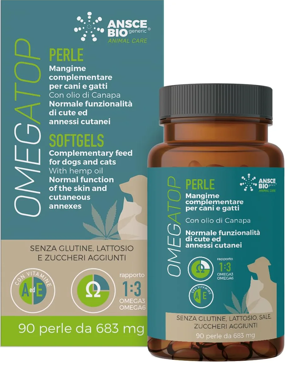 OMEGATOP Mangime Complementare Cani Omega 3-6 Prurito Allergie 90 Perle | Integratore vitamine per irritazioni cutanee, salute di pelo e mantello. senza glutine ad alta efficacia, anche per gatti
