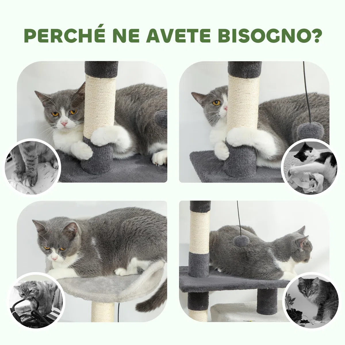 PawHut Albero Tiragraffi per Gatti Alto 85 cm, Torre per Gatti e Gattini con Casetta, Lettino Superiore, Pallina, Pali in Sisal e Tappetino Tiragraffi, Grigio Chiaro
