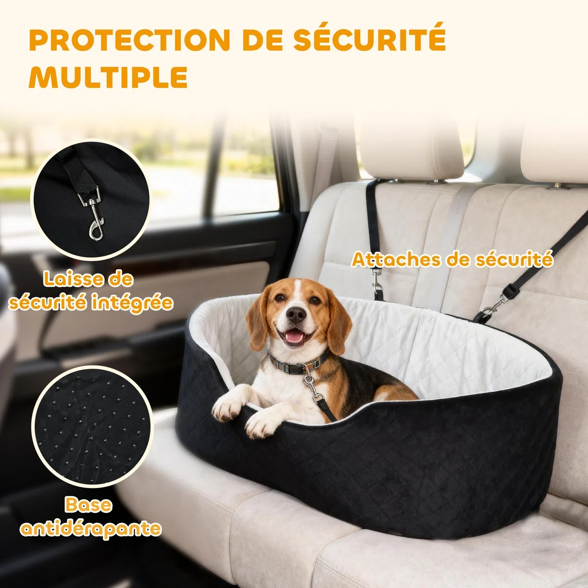PawHut Seggiolino per cani con cintura di sicurezza e attacco, comodo seggiolino imbottito per cani fino a 15 kg, trasportino rimovibile, nero