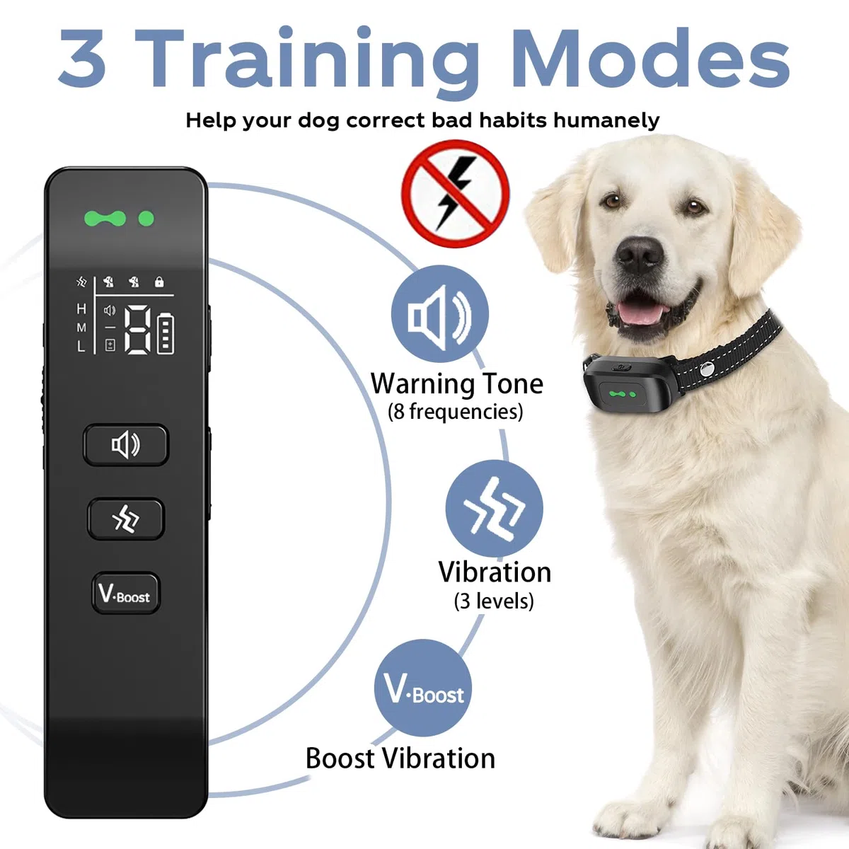 Collare da Addestramento per Cani, 3 Modalità Beep/Vibrazione/Boost Vibrazione, Portata 2600ft, Ricaricabile, Impermeabile IP67, Collare anti abbaiamento con telecomando Per cani di Tutte le Taglie