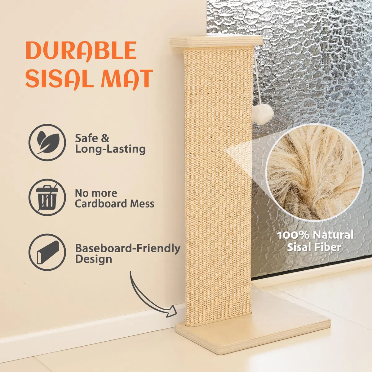 PETKARAY Tiragraffi angolare per gatti, altezza 71 cm, in sisal, per divano e parete, tappetino antigraffio in sisal, protezione per mobili con palla da gioco, misura grande