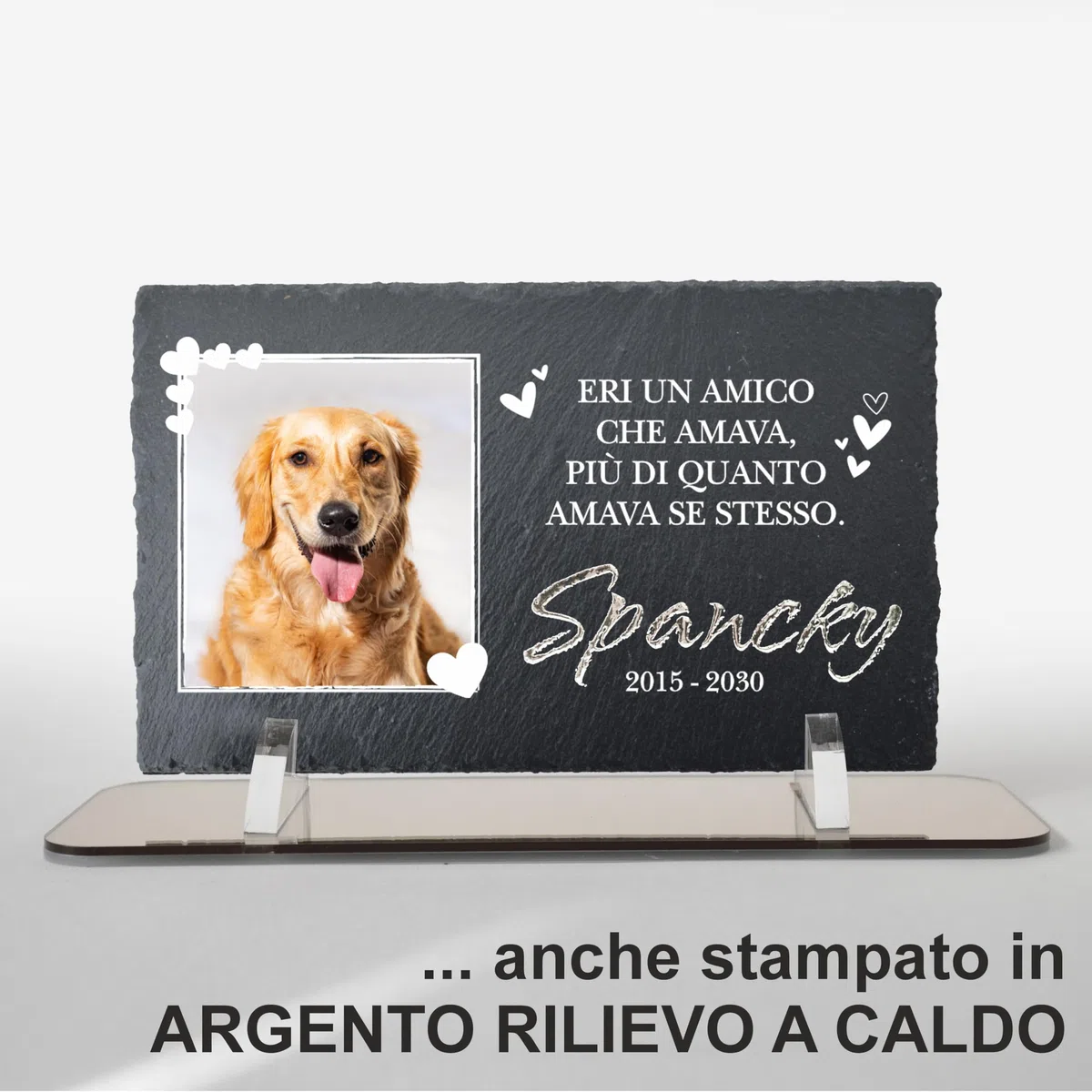 Targa Commemorativa per Cani, gatti e animali domestici in Ardesia, 26,5x16 cm, Personalizzazione, Lapide ricordo Cane anche da esterno con Foto del Tuo amimale domestico, piedini Inclusi (Flap3)
