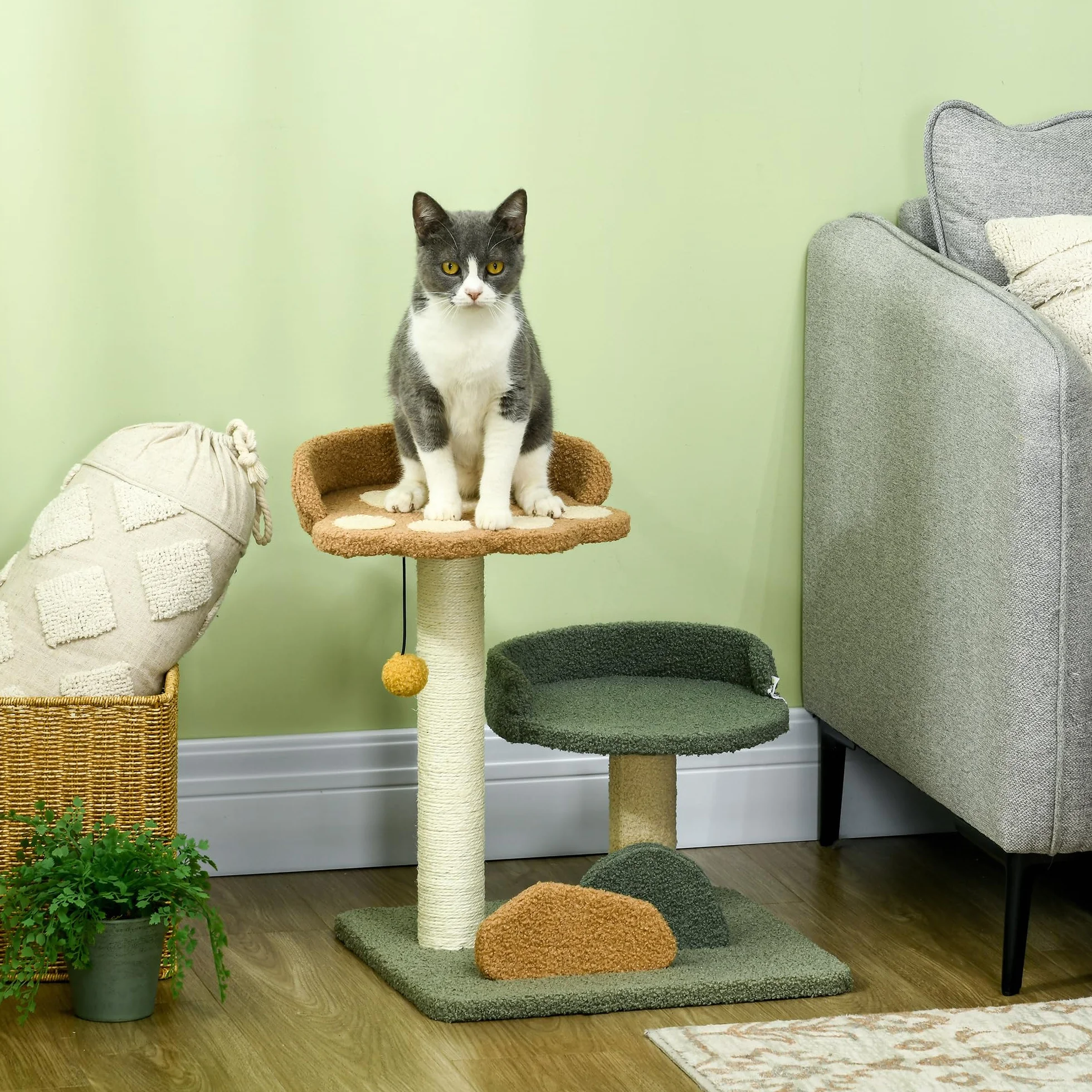 PawHut Albero Tiragraffi per Gatti con 2 Piattaforme Lettini, Pallina Appesa e Rivestimento in Velluto, 43x39x52cm, Multicolore