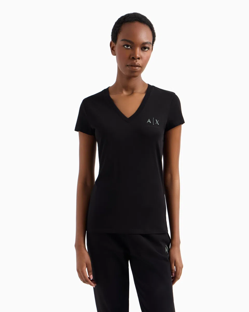 Armani Exchange Arte Sella, logo lucido, collo a V, slim fit, nero, XL, Nero, XL