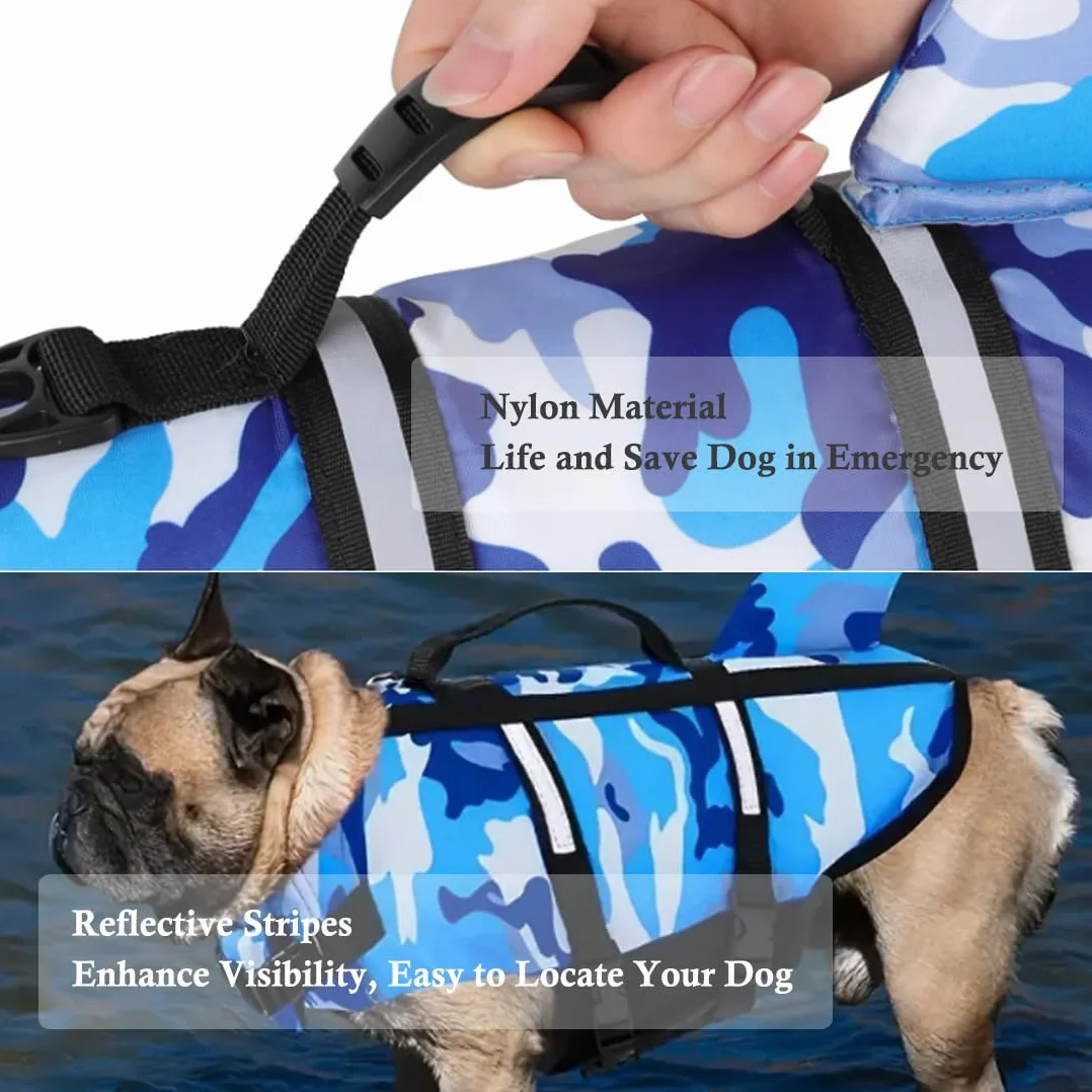 Giubbotti Di Salvataggio Per Cani Giubbotto Squalo Salvagente Per Animali Domestici Salvagente Gilet con Manico e Riflettente Per Cani Piccoli, Medi e Grandi, Taglia Regolabile Mimetico Rosa XS