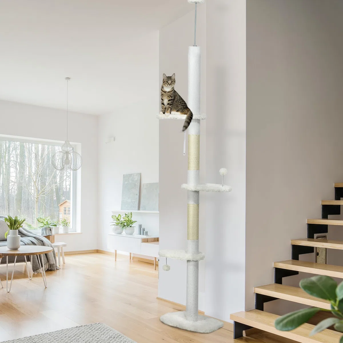 PawHut Albero Tiragraffi a Soffitto con Altezza Regolabile, Torre per Gatti Multilivello con Pali Tiragraffi in Corda di Sisal, 48x32x225-255 cm, Bianco