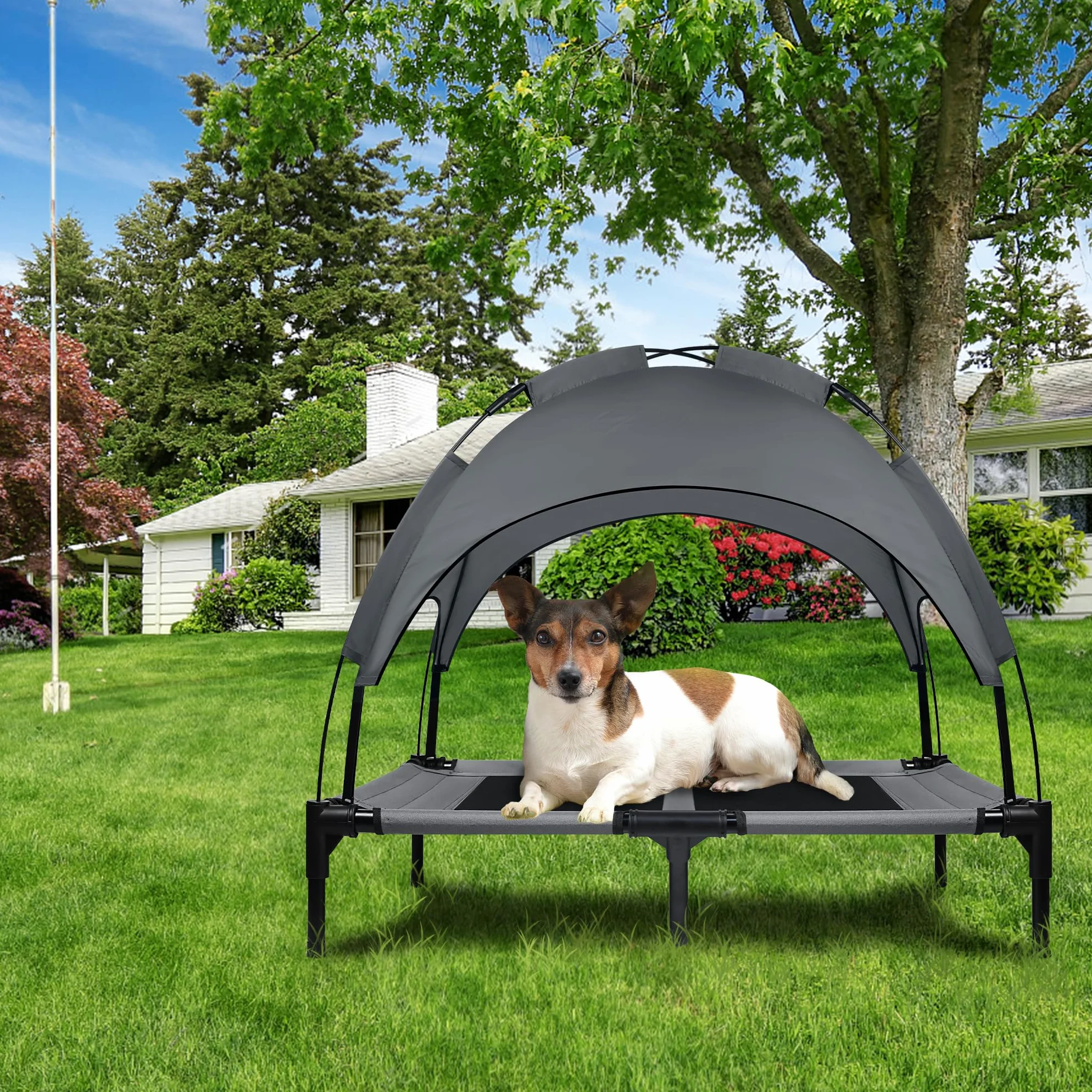 UISEBRT Cuccia Rialzata per Cani con Baldacchino e Tetto Impermeabile, Lettino da Esterni con Rete Traspirante per Campeggio, Spiaggia - Misura L, 92 x 76 x