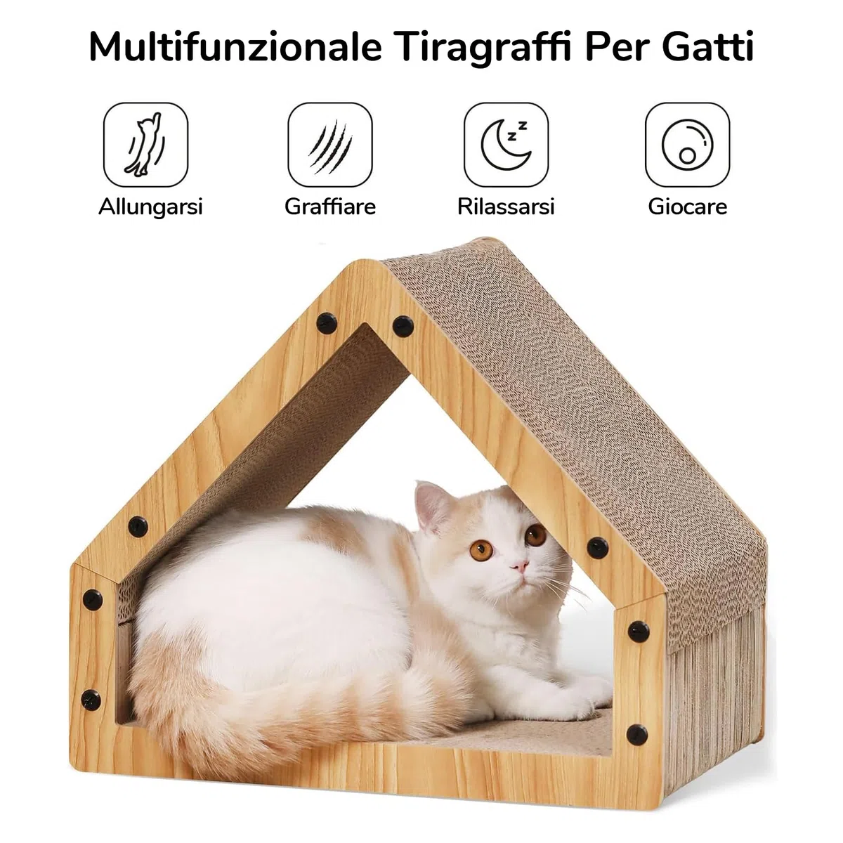 FUKUMARU Tiragraffi Per Gatti, Tiragraffi A Forma Di Casa Extra Lungo 42 cm Per Gatti, Tiragraffi In Cartone,Lettino Giardino,Carico Massima di 10 KG, Grande,Divertente.