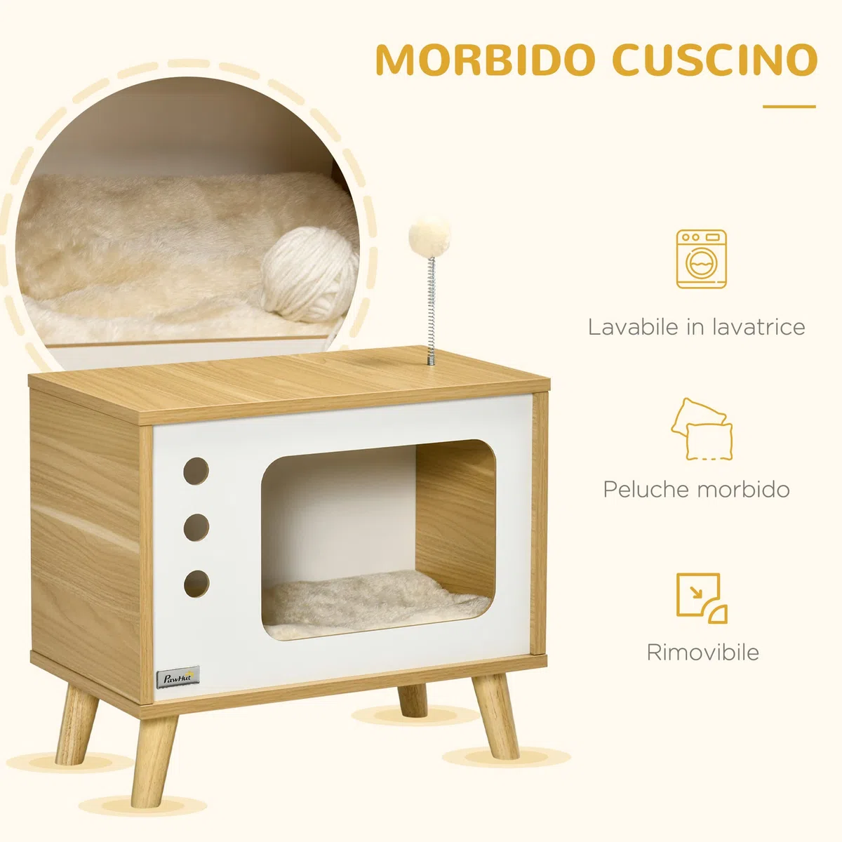 PawHut Casetta per Gatti a forma di Televisore con Cuscino e Pallina Giocattolo, Mobile da Soggiorno in Truciolato, 50x28x43 cm