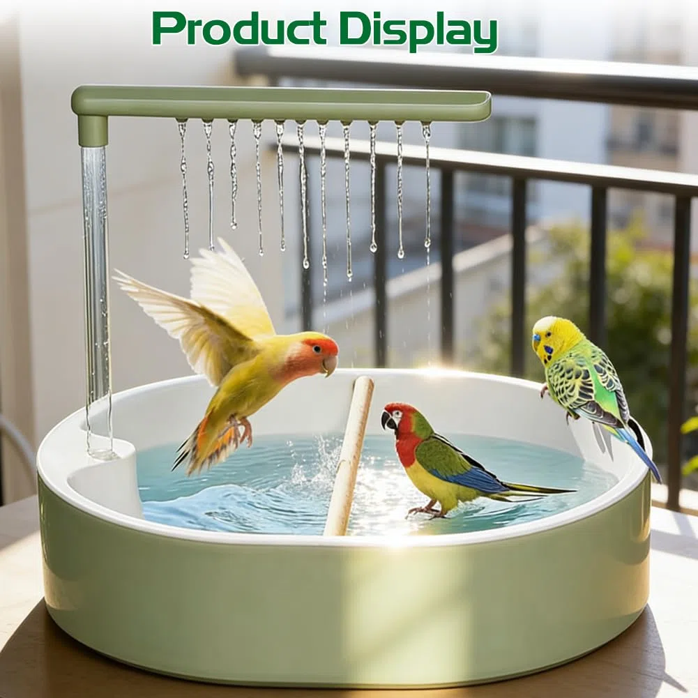 Bagno per uccelli, doccia per uccelli, pappagallini, doccia, uscita cascata, design antiscivolo, fontana per laghetto, accessori per gabbia, divertimento per pappagallo inseparabile