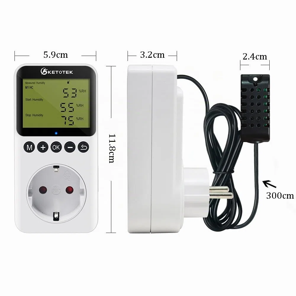 KETOTEK Igrostato a Presa con Sonda 220V, Regolatore di Umidità Spina Digitale con Funzione Coutdown per Grow Box Incubatrice Uumidificatore Deumidificatore
