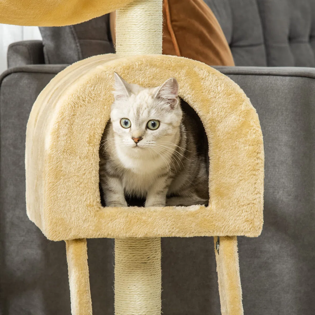 PawHut Albero Tiragraffi per Gatti Multilivello con Amaca e Casetta, Corde in Sisal Naturale, Beige, Altezza 98cm